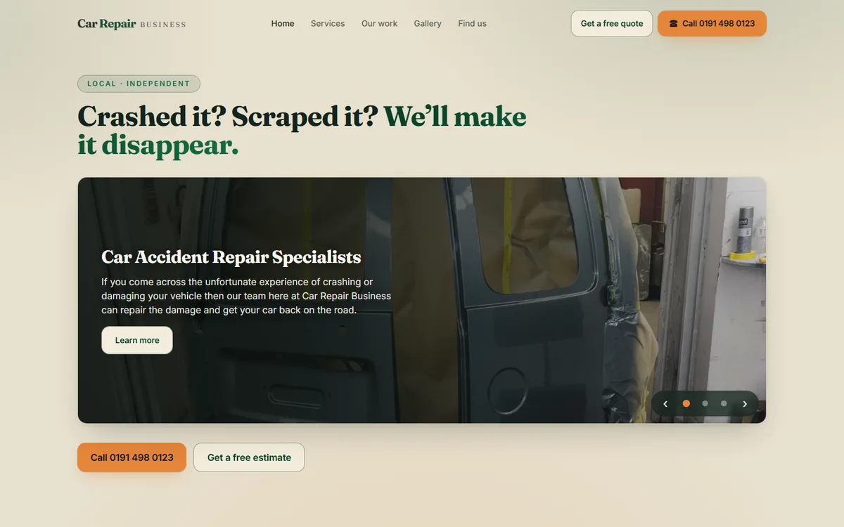 Car Repair Business homepage: cream and racing-green design with the headline “Crashed it? Scraped it? We’ll make it disappear.”