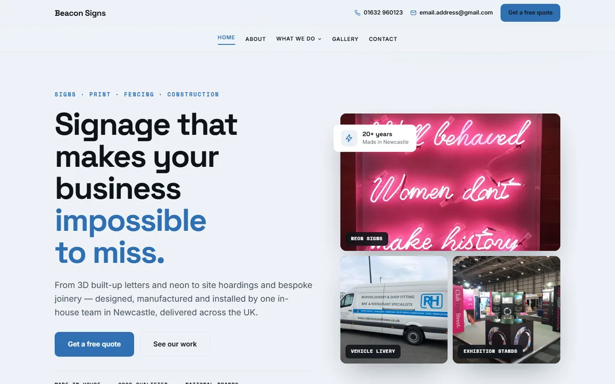 Beacon Signs homepage: bright white design with a bold blue headline and a pink neon sign photo