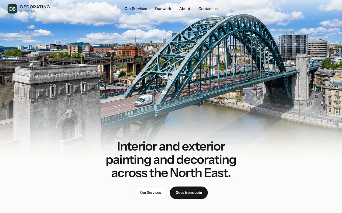 Decorating Business homepage: bright photographic hero of the Tyne Bridge